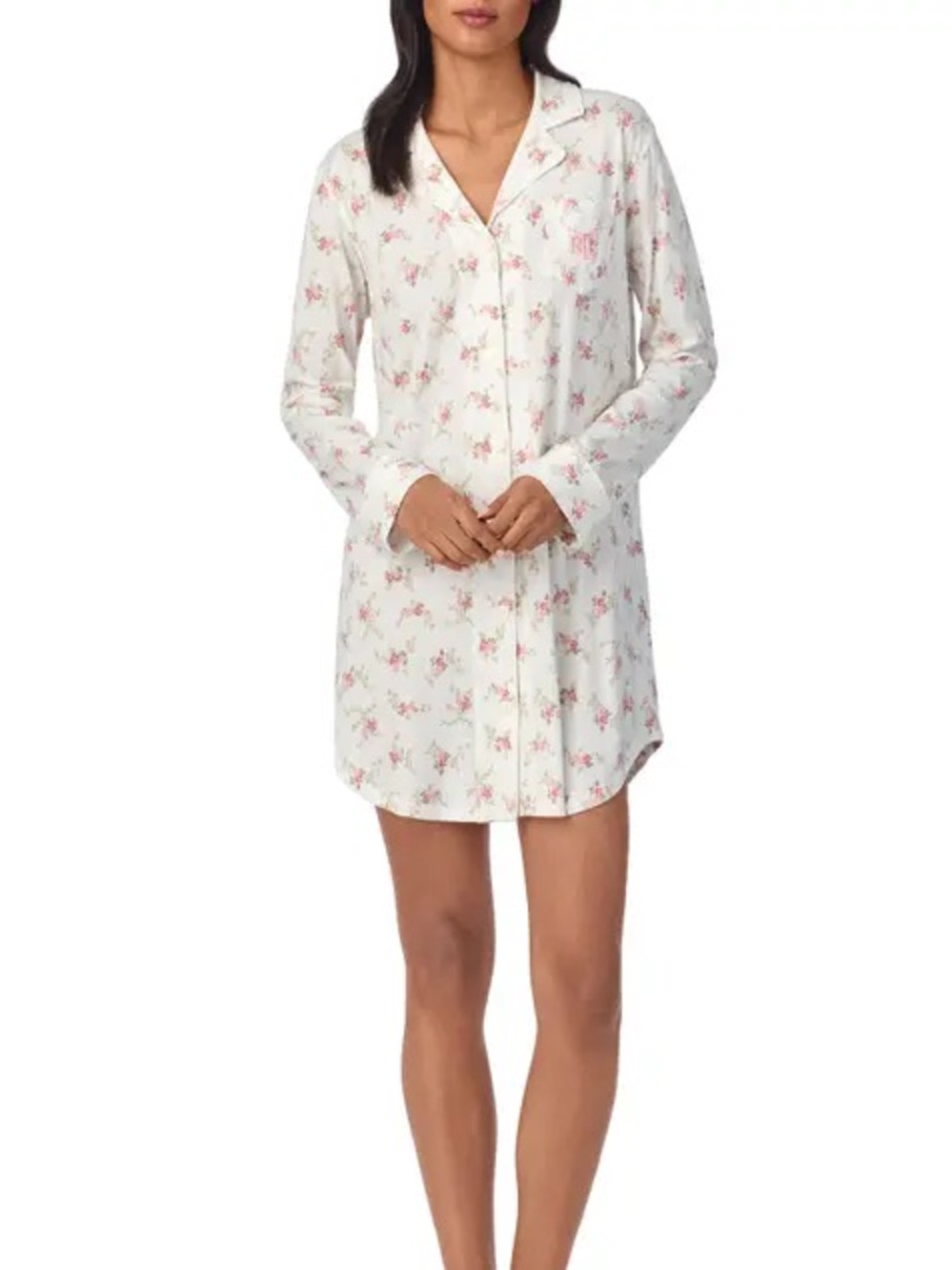 LAUREN Ralph Lauren Long-sleeve Notch Collar Nightshirt Ivory Floral M Medium
